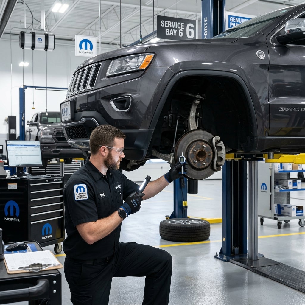 A mechanic inspects the front brake rotor of a Jeep raised on a hydraulic lift in a Mopar service bay. (Representative image for illustration purposes only. Actual vehicle may vary based on trim and configuration.)