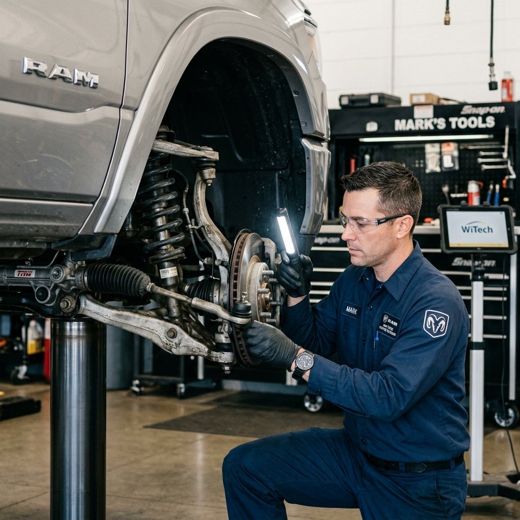 A mechanic in a blue uniform uses a work light to inspect the front suspension and brake rotor of a Ram truck. (Representative image for illustration purposes only. Actual vehicle may vary based on trim and configuration.)