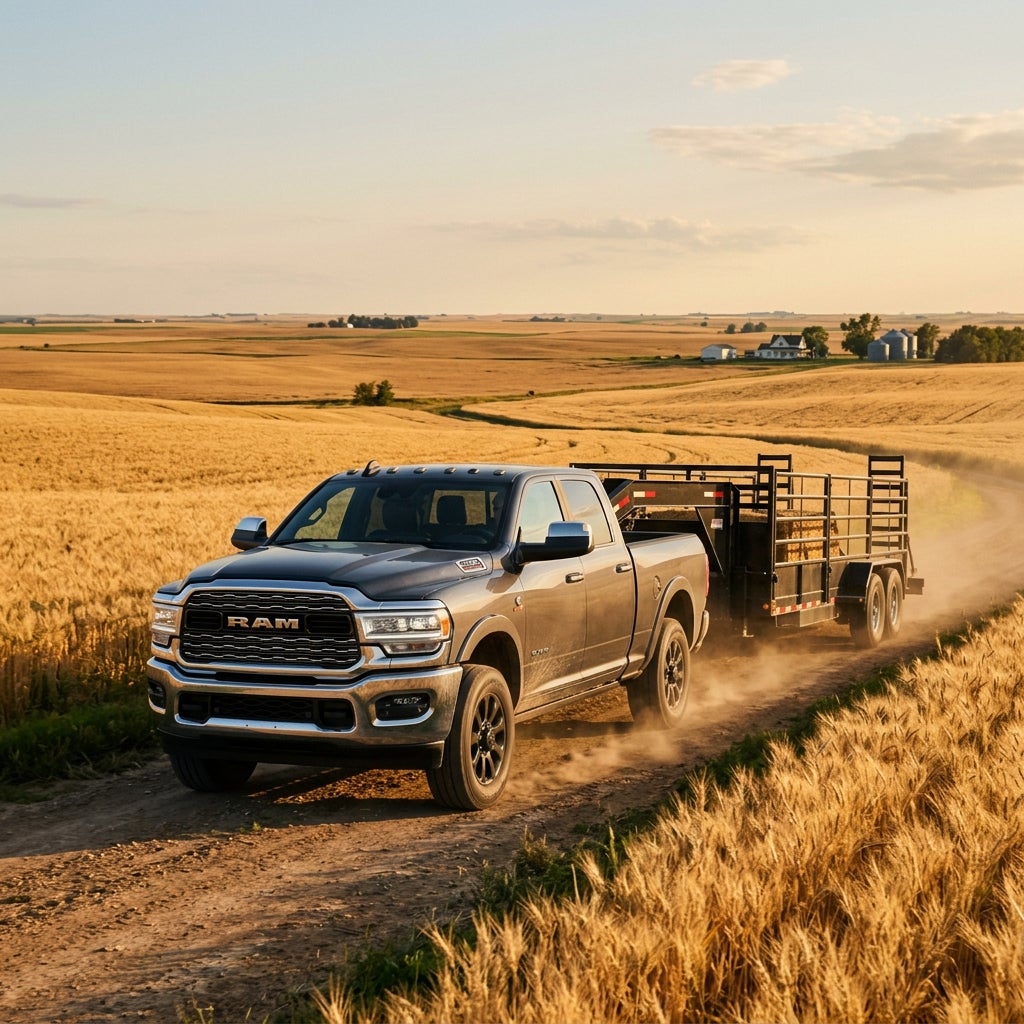 A dark grey RAM truck towing a hay-loaded trailer along a dirt road through golden wheat fields. (Representative image for illustration purposes only. Actual vehicle may vary based on trim and configuration.)