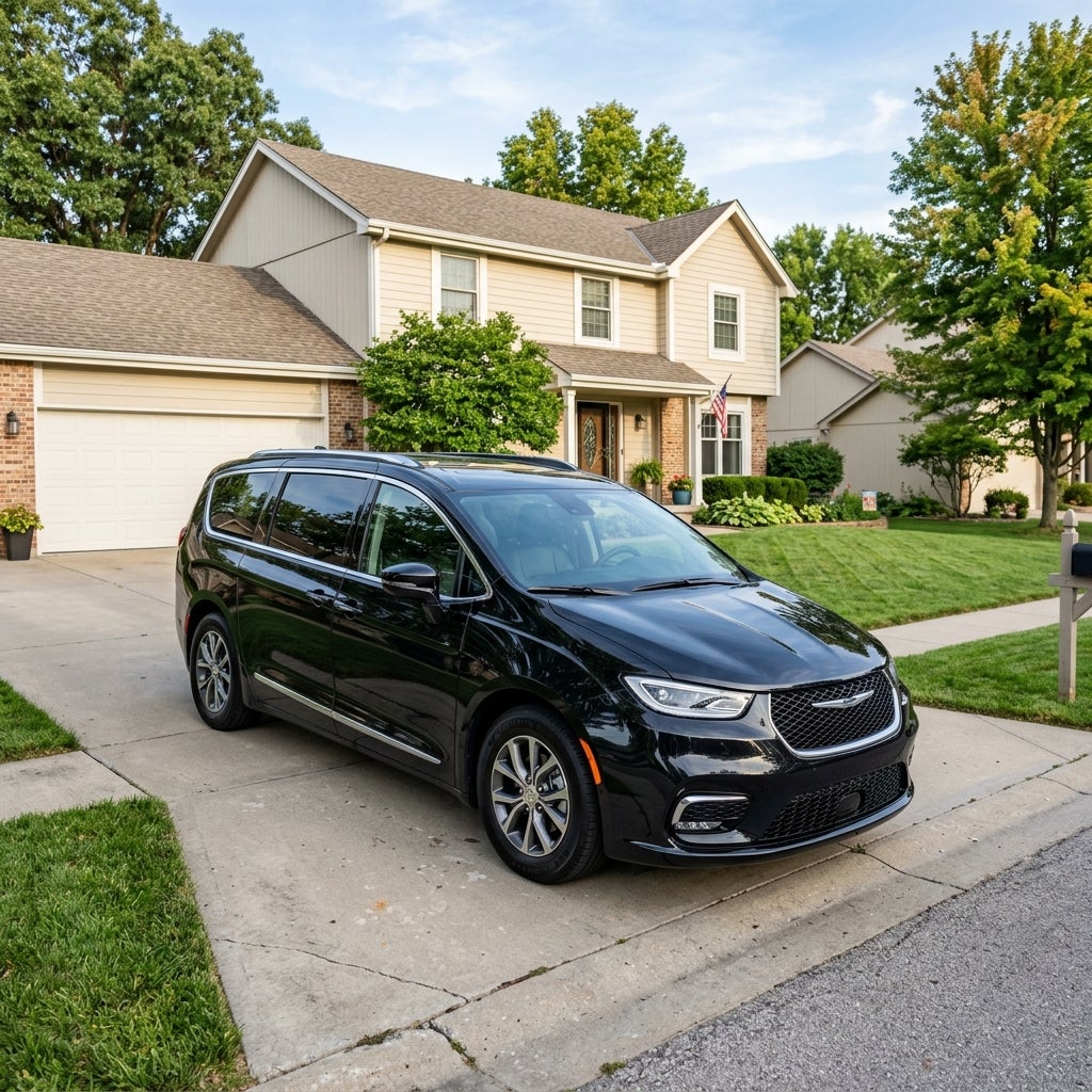 Black Chrysler Pacifica minivan parked on a concrete driveway in front of a two-story suburban home with a green lawn. (Representative image for illustration purposes only. Actual vehicle may vary based on trim and configuration.)