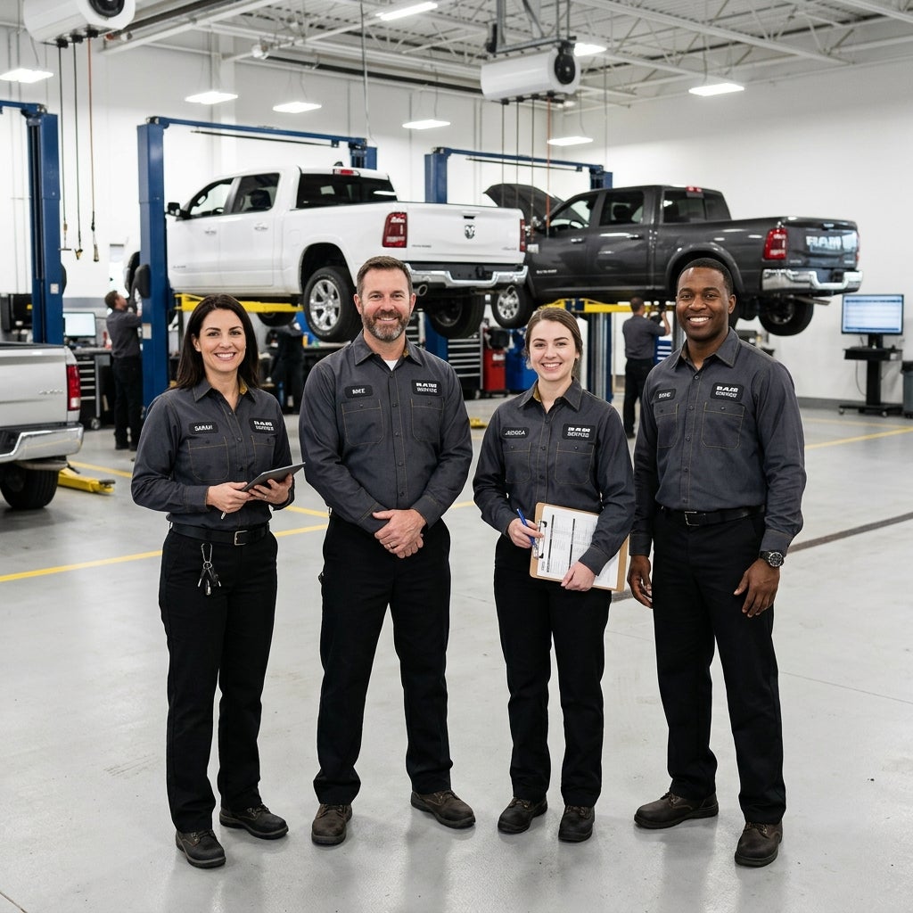 Four smiling automotive service professionals in matching uniforms standing in a clean garage with trucks on lifts. (Representative image for illustration purposes only. Actual vehicle may vary based on trim and configuration.)