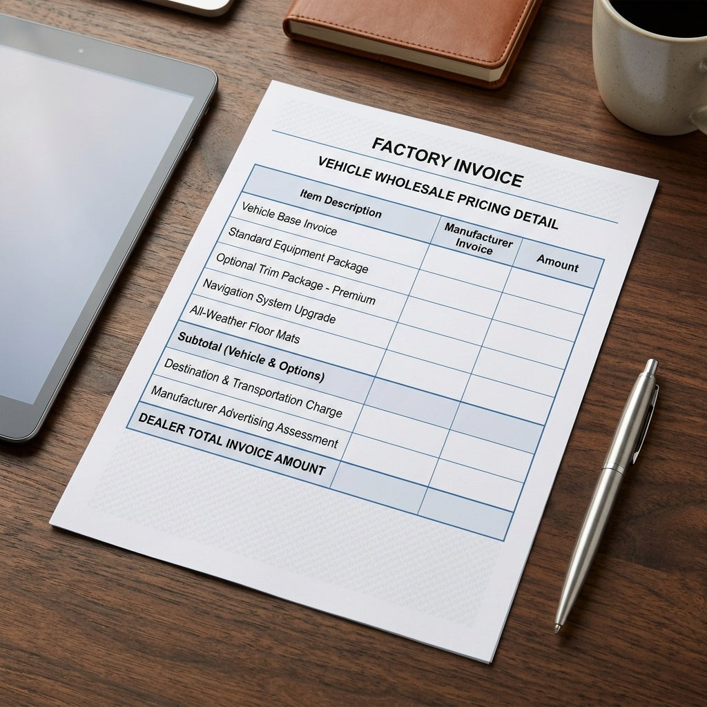 Blank vehicle wholesale factory invoice form resting on a wooden desk beside a tablet and pen. (Representative image for illustration purposes only. Actual vehicle may vary based on trim and configuration.)