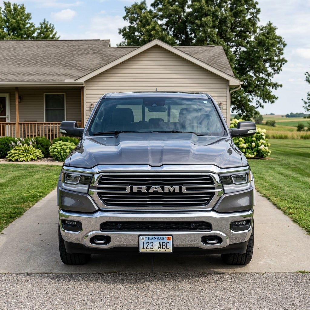 Front view of a grey RAM pickup truck parked on a concrete driveway in front of a house. (Representative image for illustration purposes only. Actual vehicle may vary based on trim and configuration.)