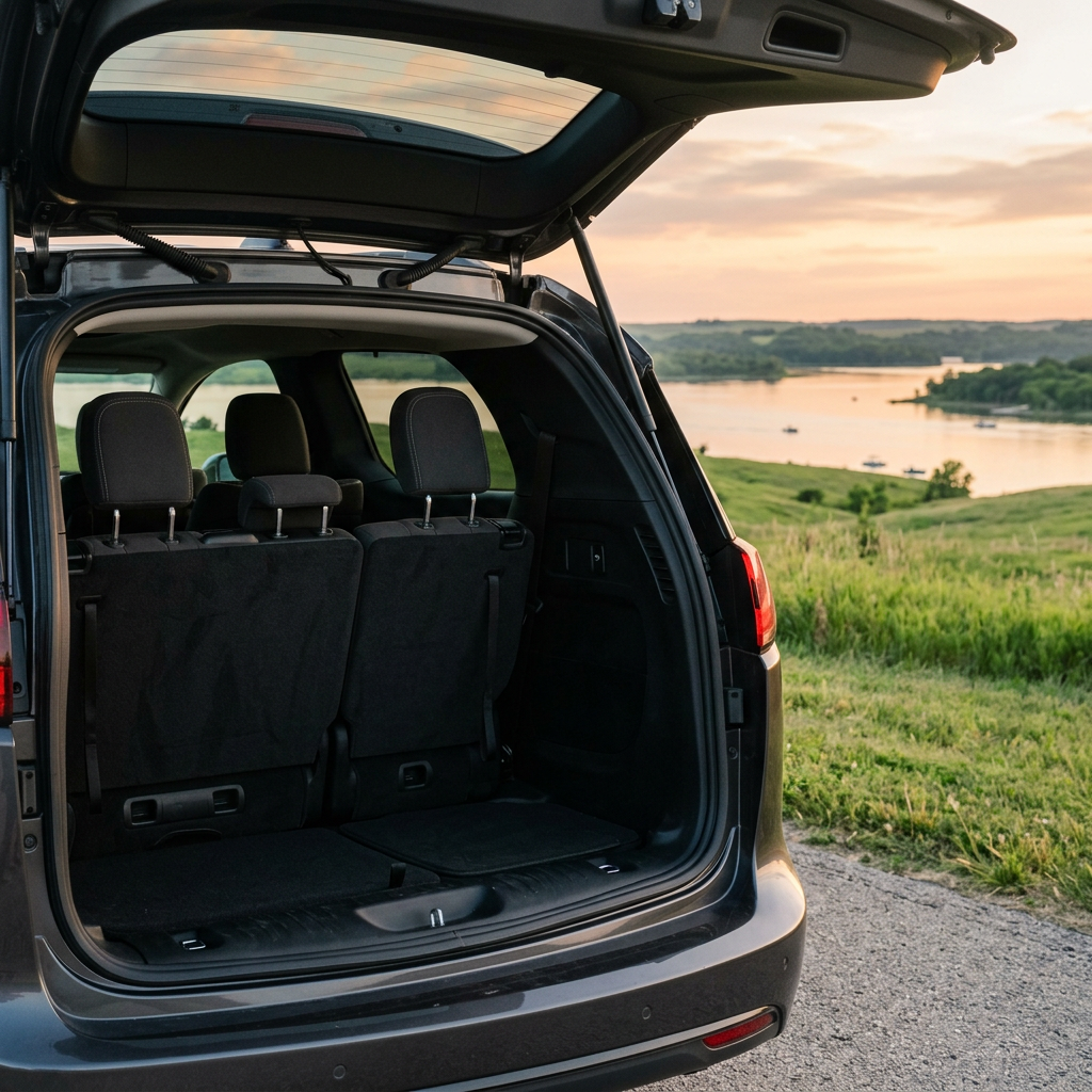 Open trunk of a dark SUV overlooking a scenic river and grassy hills at sunset. (Representative image for illustration purposes only. Actual vehicle may vary based on trim and configuration.)