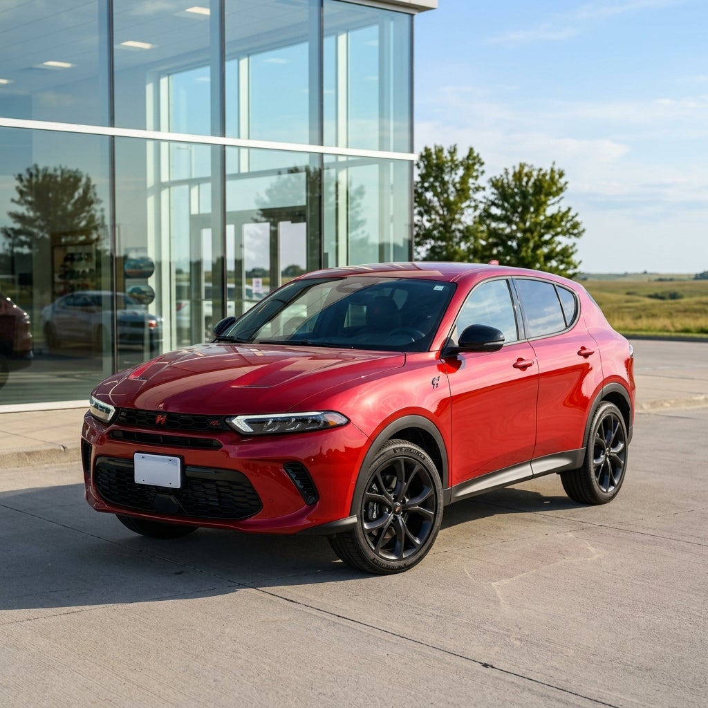 Red Dodge Hornet compact SUV parked on a concrete lot in front of a modern glass dealership building. (Representative image for illustration purposes only. Actual vehicle may vary based on trim and configuration.)