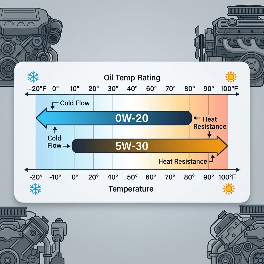 Infographic comparing 0W-20 and 5W-30 motor oil temperature ranges and performance ratings from -20°F to 100°F. (Representative image for illustration purposes only. Actual vehicle may vary based on trim and configuration.)