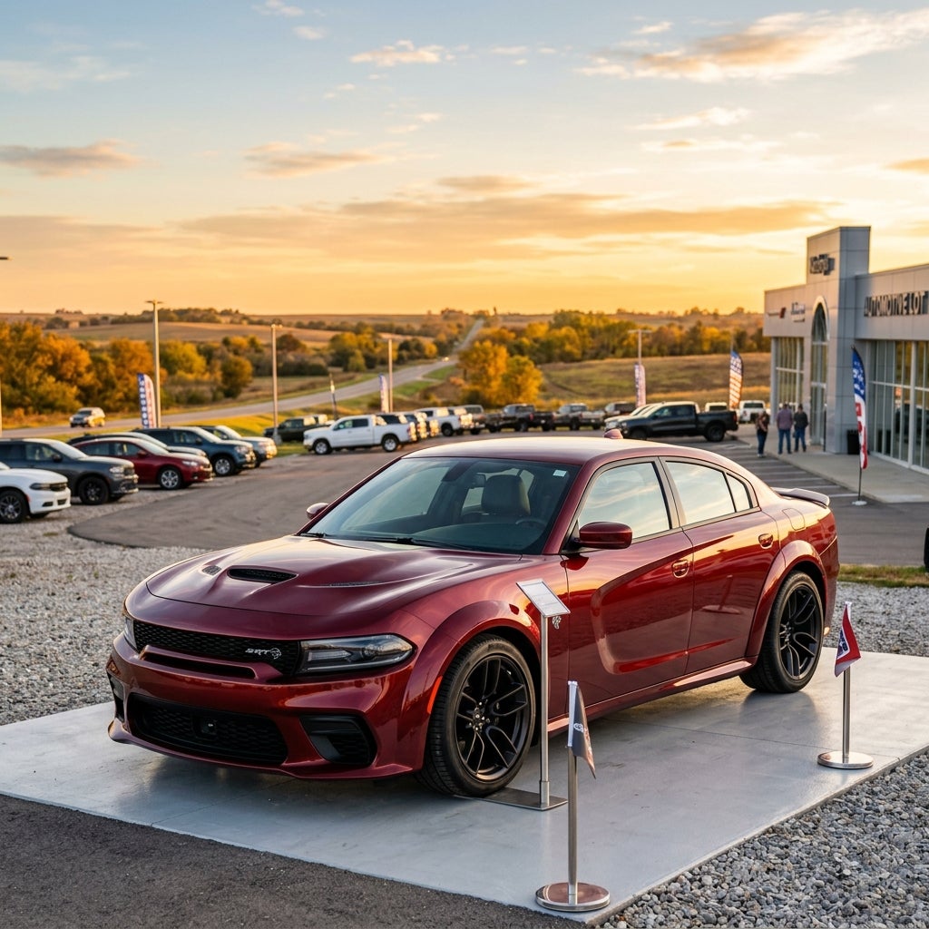 Maroon Dodge Charger SRT Hellcat on a display platform outside a car dealership at sunset. (Representative image for illustration purposes only. Actual vehicle may vary based on trim and configuration.)