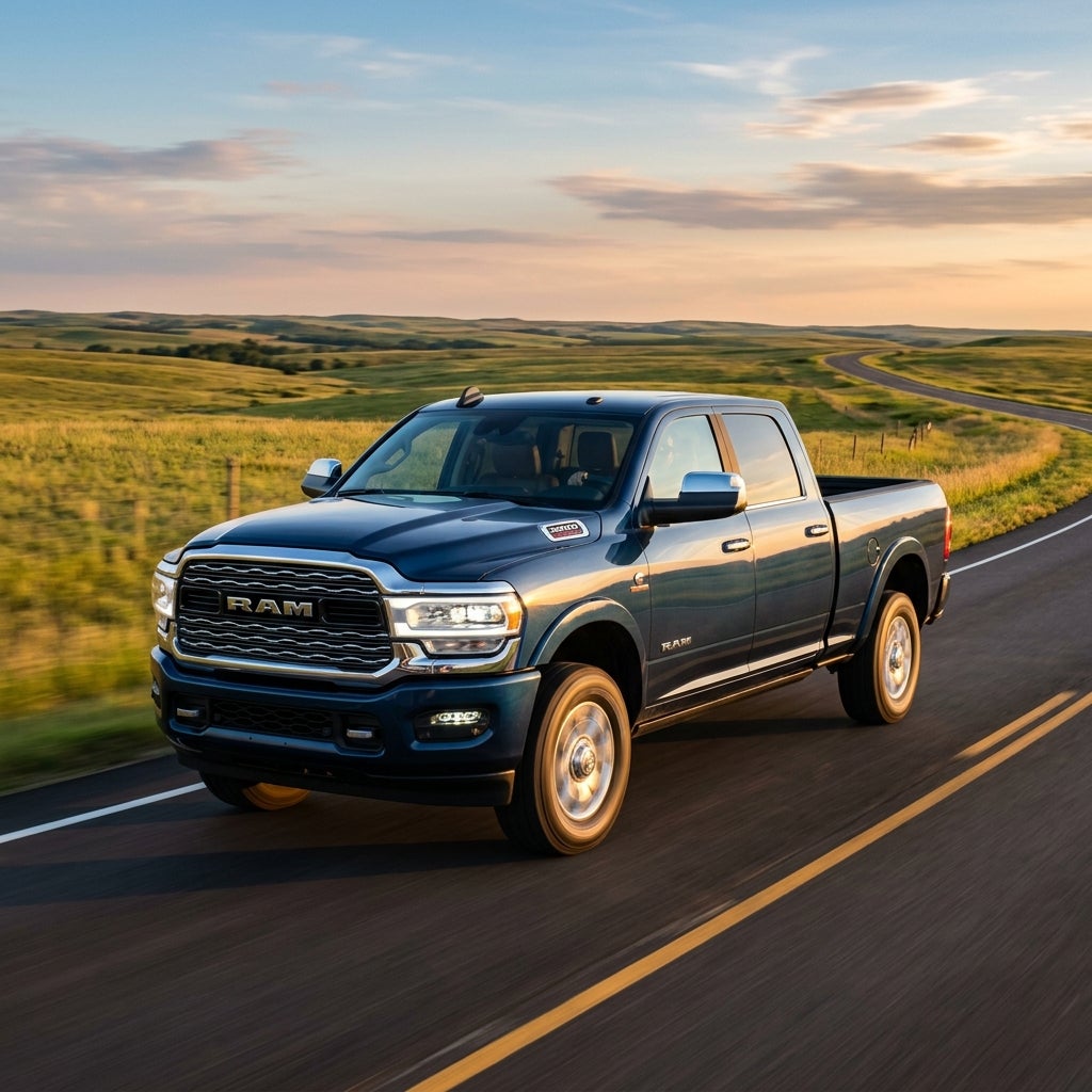 Dark blue Ram heavy-duty pickup truck driving on a rural asphalt road during golden hour with scenic rolling hills. (Representative image for illustration purposes only. Actual vehicle may vary based on trim and configuration.)
