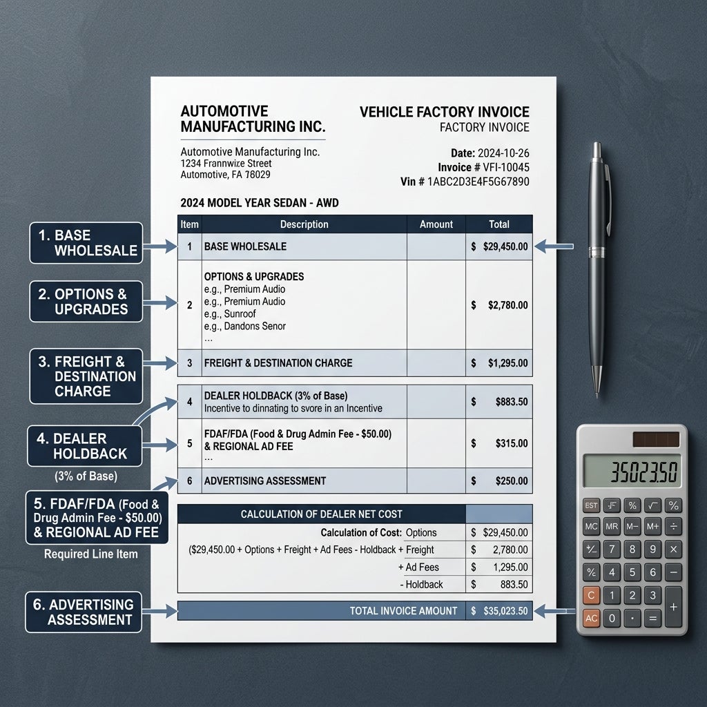 Diagram breakdown of a vehicle factory invoice showing line-item costs, total amount, calculator, and pen. (Representative image for illustration purposes only. Actual vehicle may vary based on trim and configuration.)