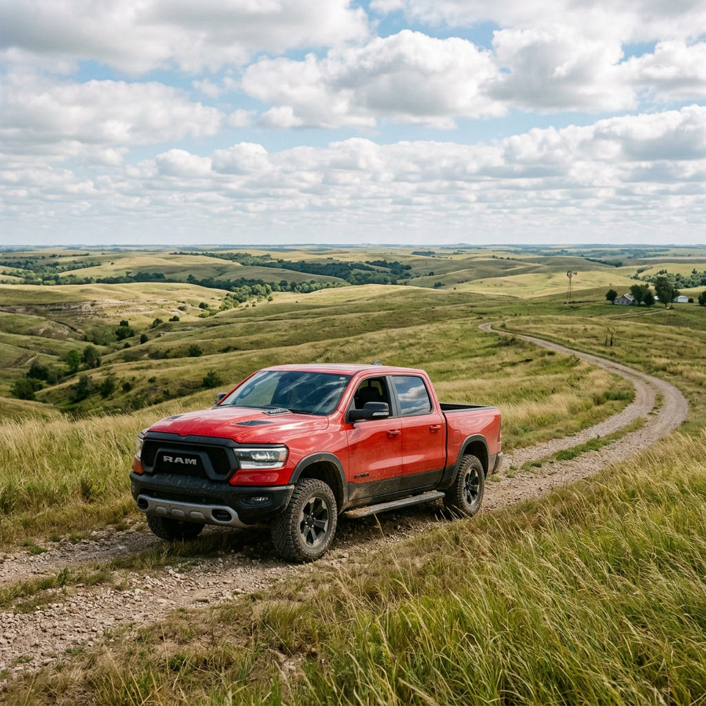 Red Ram pickup truck parked on a winding dirt path in rolling green hills. (Representative image for illustration purposes only. Actual vehicle may vary based on trim and configuration.)