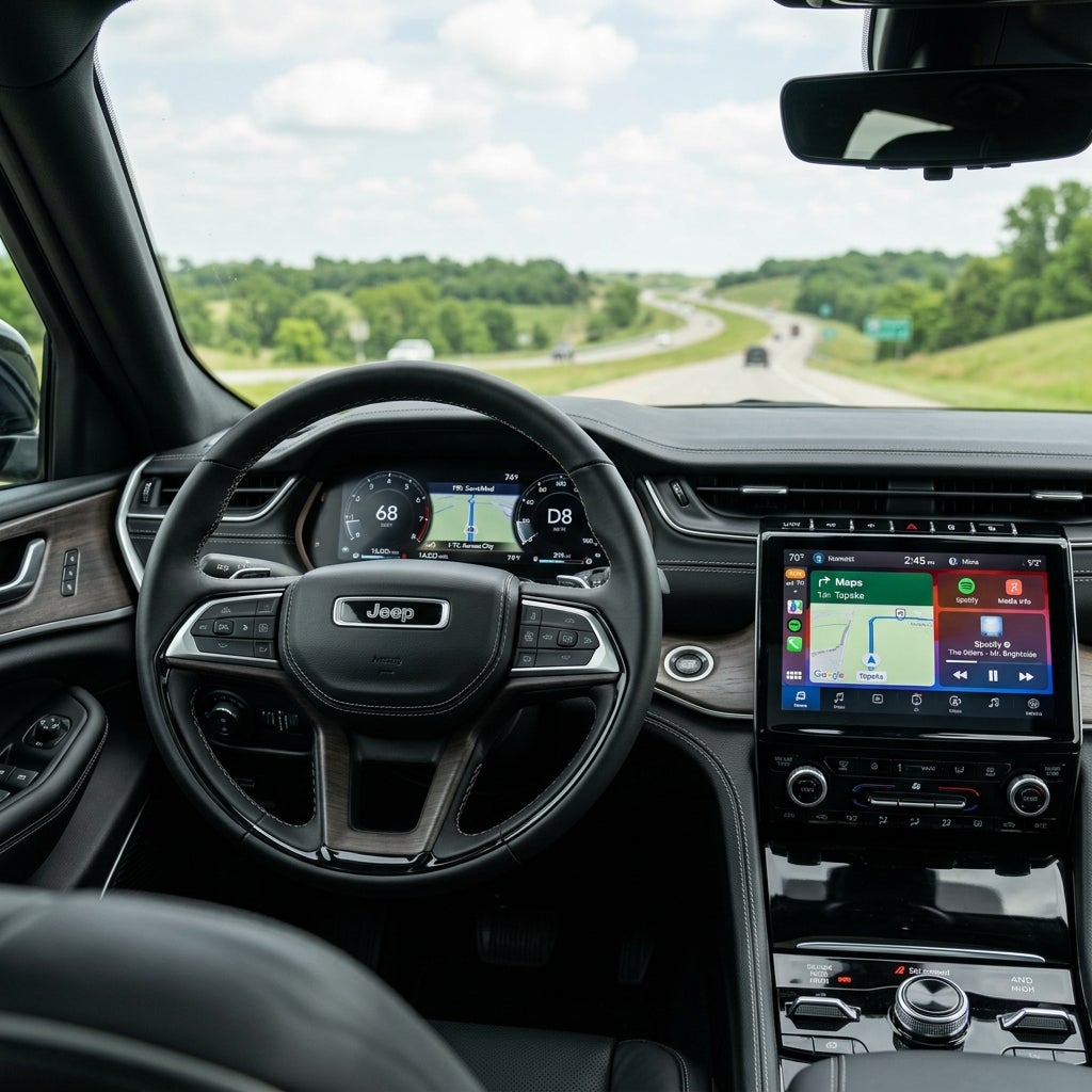 Driver's view inside a modern Jeep cruising on a highway with a digital dashboard and central touchscreen active. (Representative image for illustration purposes only. Actual vehicle may vary based on trim and configuration.)