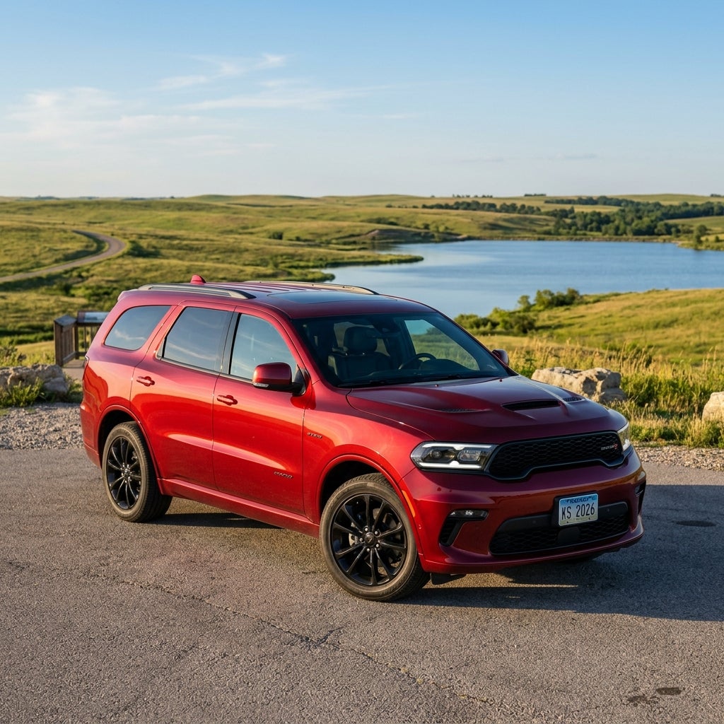 Red Dodge Durango SUV parked on a paved overlook with rolling green hills and a scenic lake in the background. (Representative image for illustration purposes only. Actual vehicle may vary based on trim and configuration.)