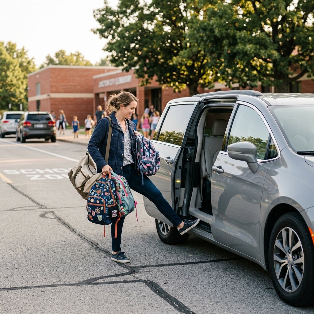 {
"altText": "A smiling mother steps into a silver minivan while carrying several colorful backpacks in a school zone.", (Representative image for illustration purposes only. Actual vehicle may vary based on trim and configuration.)