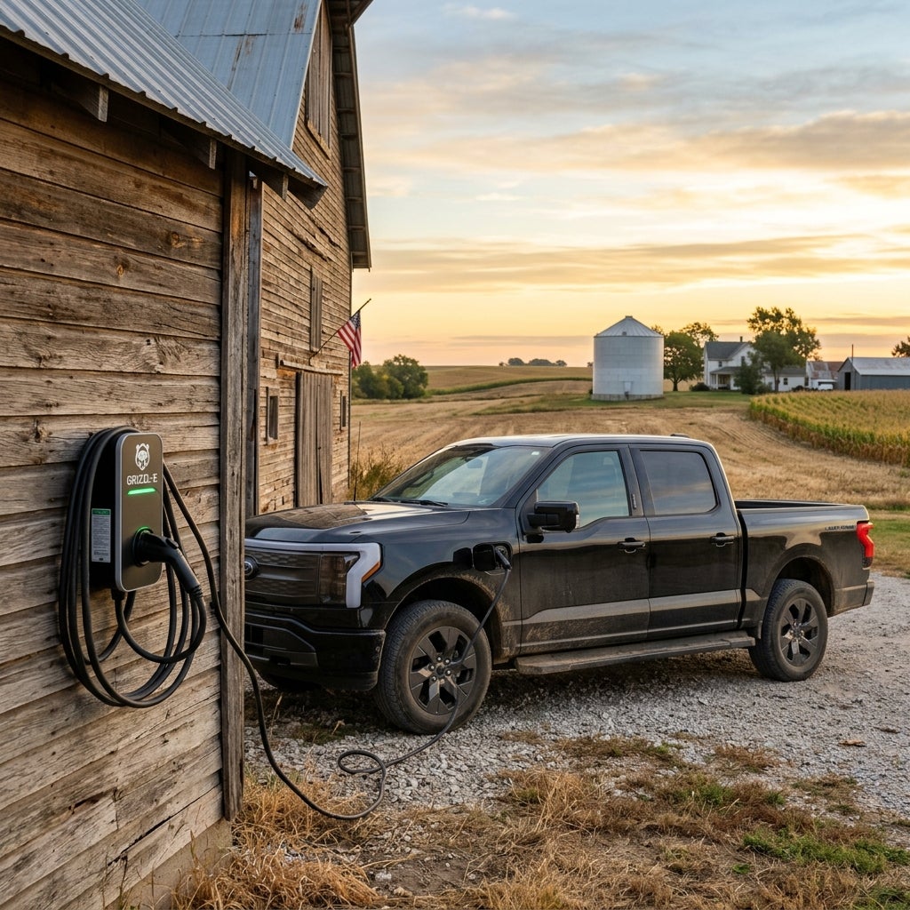 Black electric pickup truck charging at a Grizzl-E charger mounted on a rustic wooden barn at sunset. (Representative image for illustration purposes only. Actual vehicle may vary based on trim and configuration.)