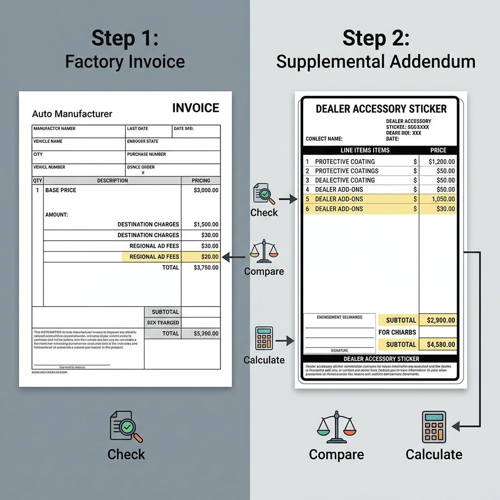 Diagram showing how to check, compare, and calculate costs on a factory invoice and dealer accessory addendum. (Representative image for illustration purposes only. Actual vehicle may vary based on trim and configuration.)