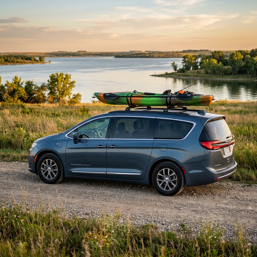 Blue Chrysler Pacifica minivan with a green kayak on its roof rack, parked on a dirt road by a lake at sunset. (Representative image for illustration purposes only. Actual vehicle may vary based on trim and configuration.)