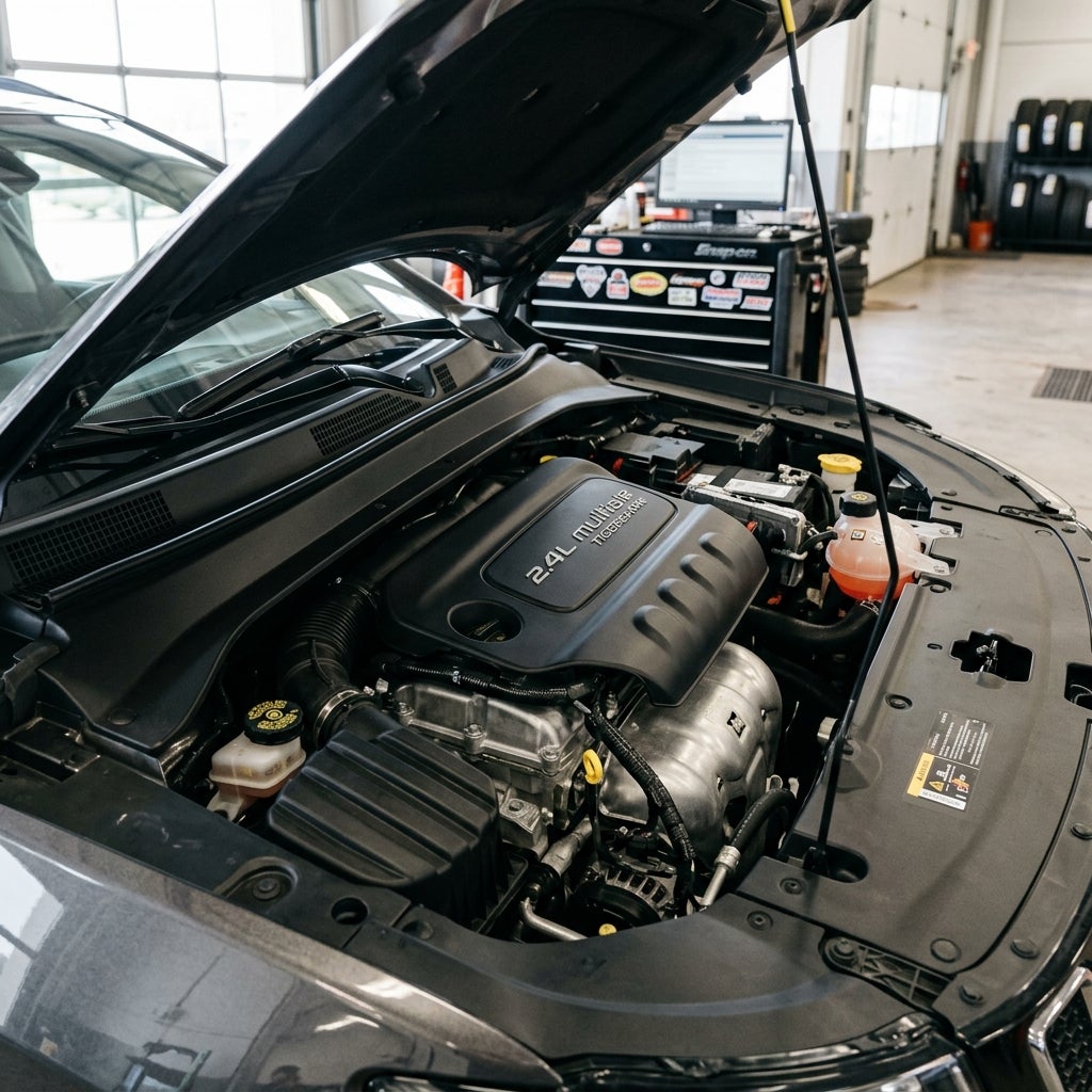 Open hood of a grey car revealing a 2.4L MultiAir engine inside an auto repair shop. (Representative image for illustration purposes only. Actual vehicle may vary based on trim and configuration.)