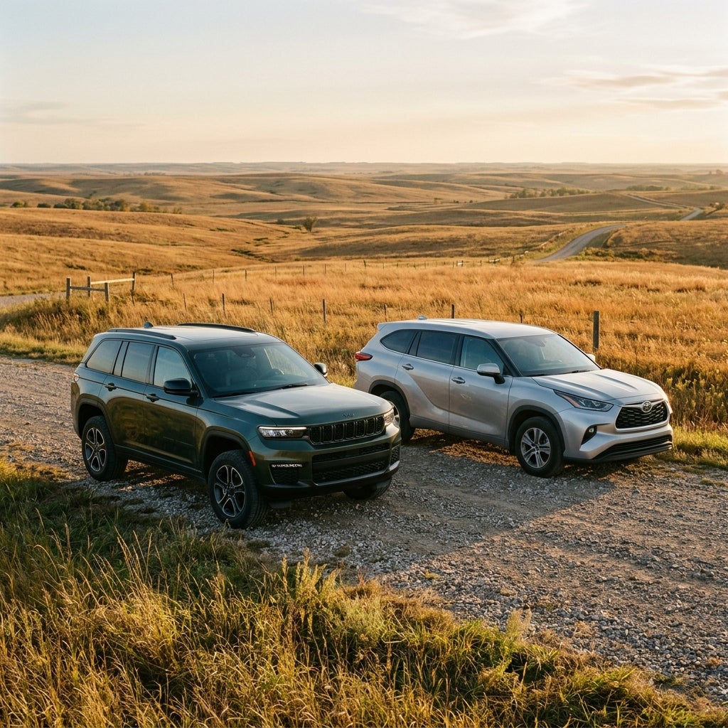 Dark green Jeep and silver Toyota Highlander parked on a dirt road in a rolling grassy landscape at sunset. (Representative image for illustration purposes only. Actual vehicle may vary based on trim and configuration.)