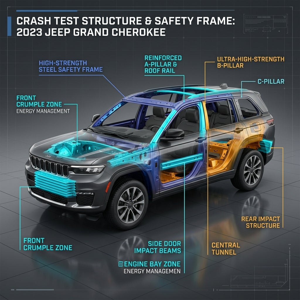 Diagram of the 2023 Jeep Grand Cherokee showing crash test structures like crumple zones, pillars, and impact beams. (Representative image for illustration purposes only. Actual vehicle may vary based on trim and configuration.)