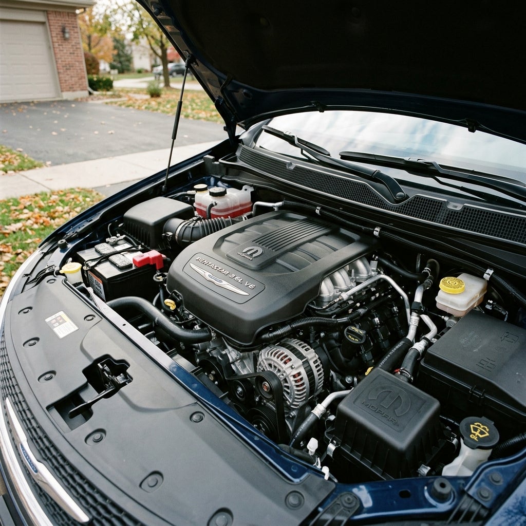 Open hood of a dark blue Chrysler showing a clean 3.6L Pentastar V6 engine and components. (Representative image for illustration purposes only. Actual vehicle may vary based on trim and configuration.)