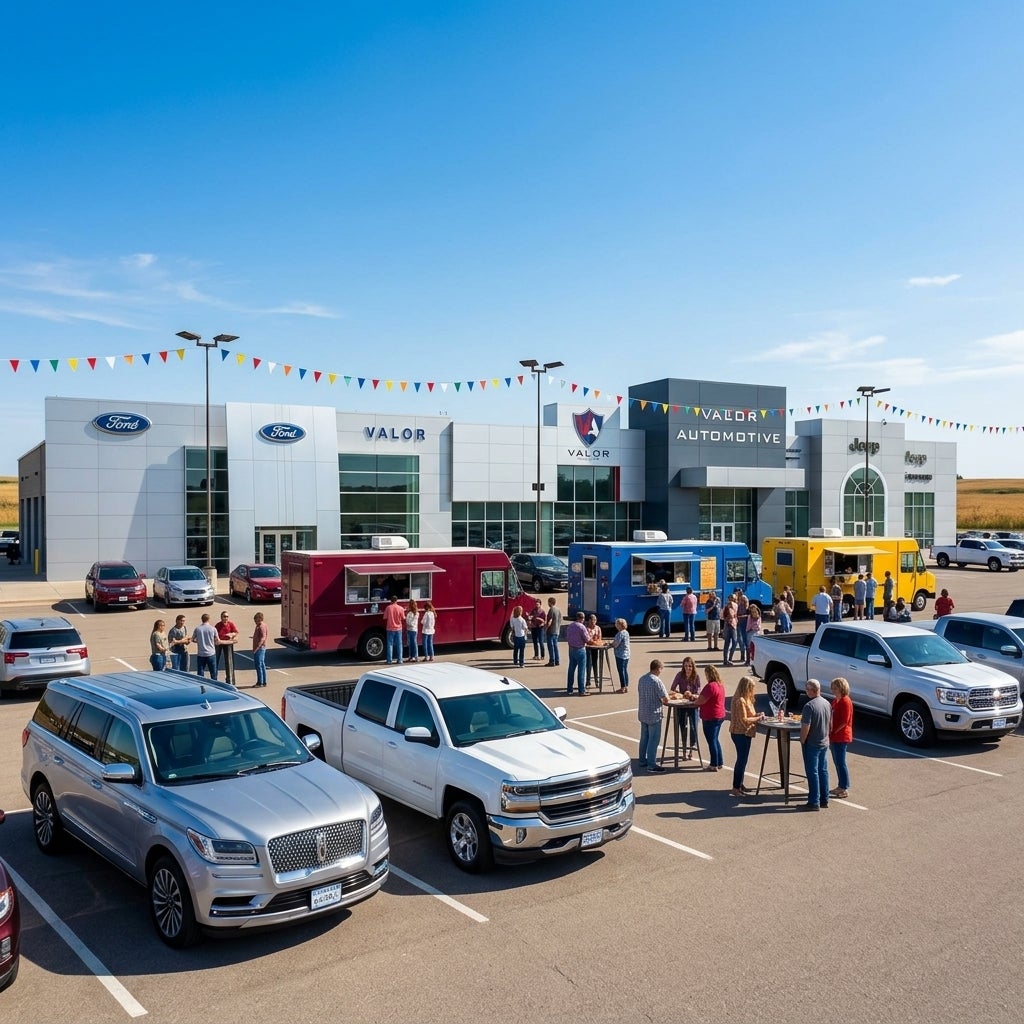 Food trucks parked outside Valor Automotive dealership with people gathered around high-top tables in the parking lot. (Representative image for illustration purposes only. Actual vehicle may vary based on trim and configuration.)