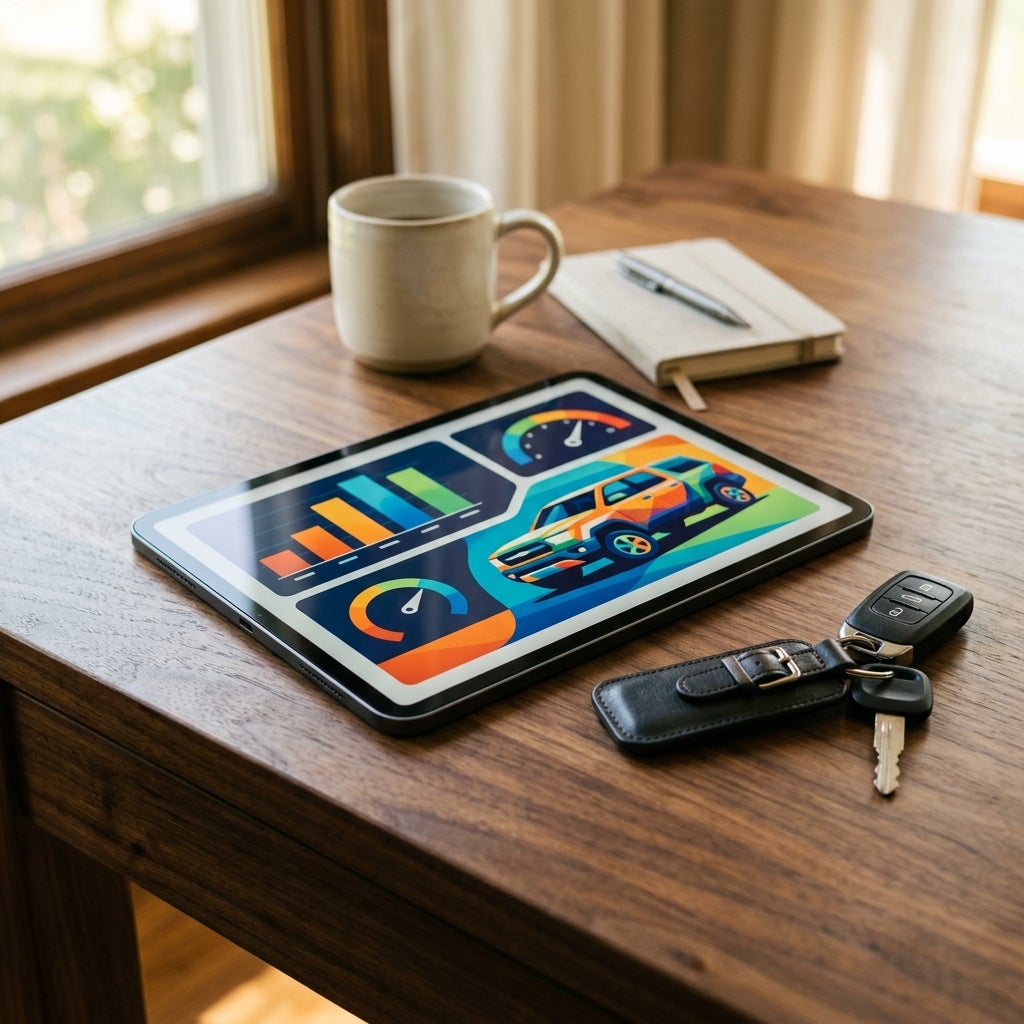 A tablet displaying vehicle data sits on a wooden desk next to a coffee mug, notebook, and car keys. (Representative image for illustration purposes only. Actual vehicle may vary based on trim and configuration.)