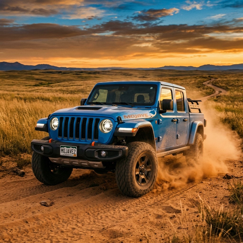A blue Jeep Gladiator Mojave driving on a dusty dirt road at sunset. (Representative image for illustration purposes only. Actual vehicle may vary based on trim and configuration.)