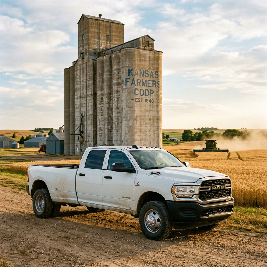A white Ram 3500 dually pickup truck parked on a dirt path in front of a rustic concrete grain elevator. (Representative image for illustration purposes only. Actual vehicle may vary based on trim and configuration.)