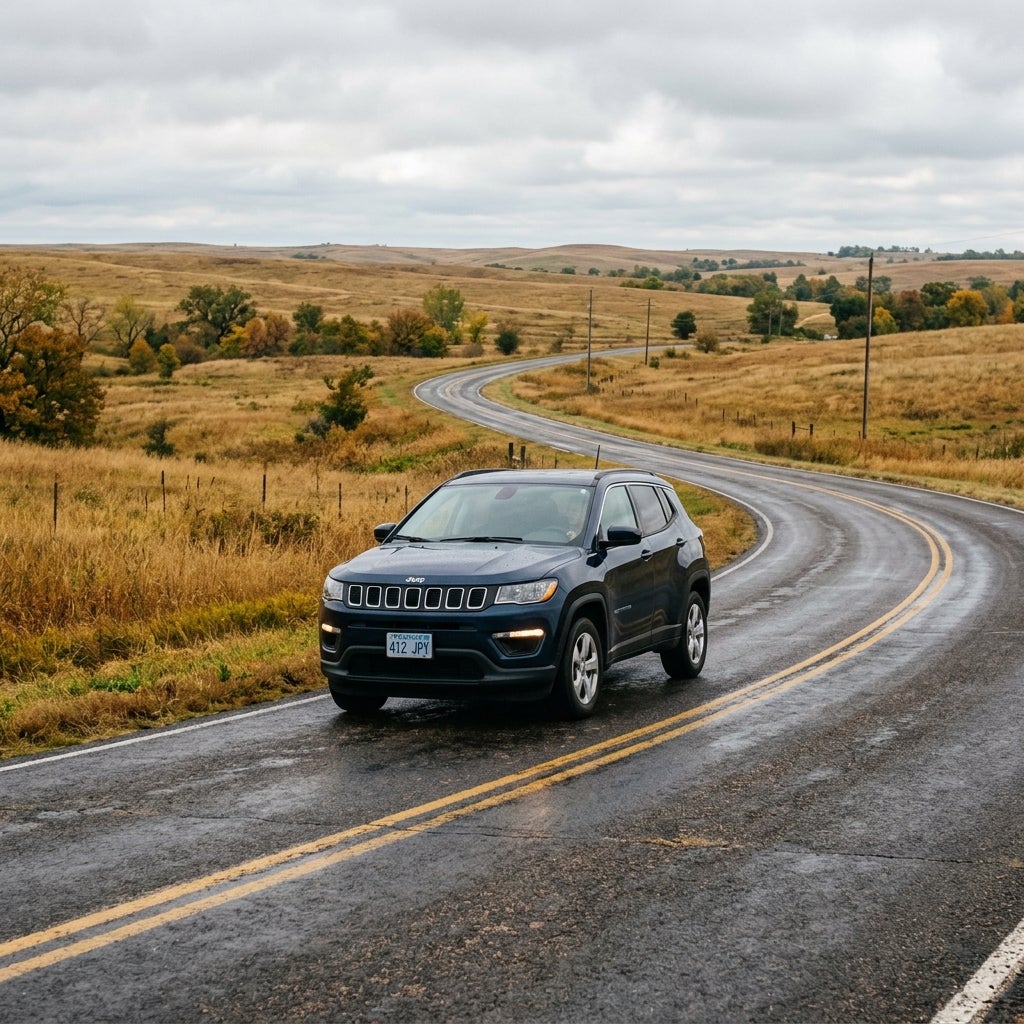 Dark blue Jeep SUV driving along a wet, winding countryside road through autumn hills under cloudy skies. (Representative image for illustration purposes only. Actual vehicle may vary based on trim and configuration.)