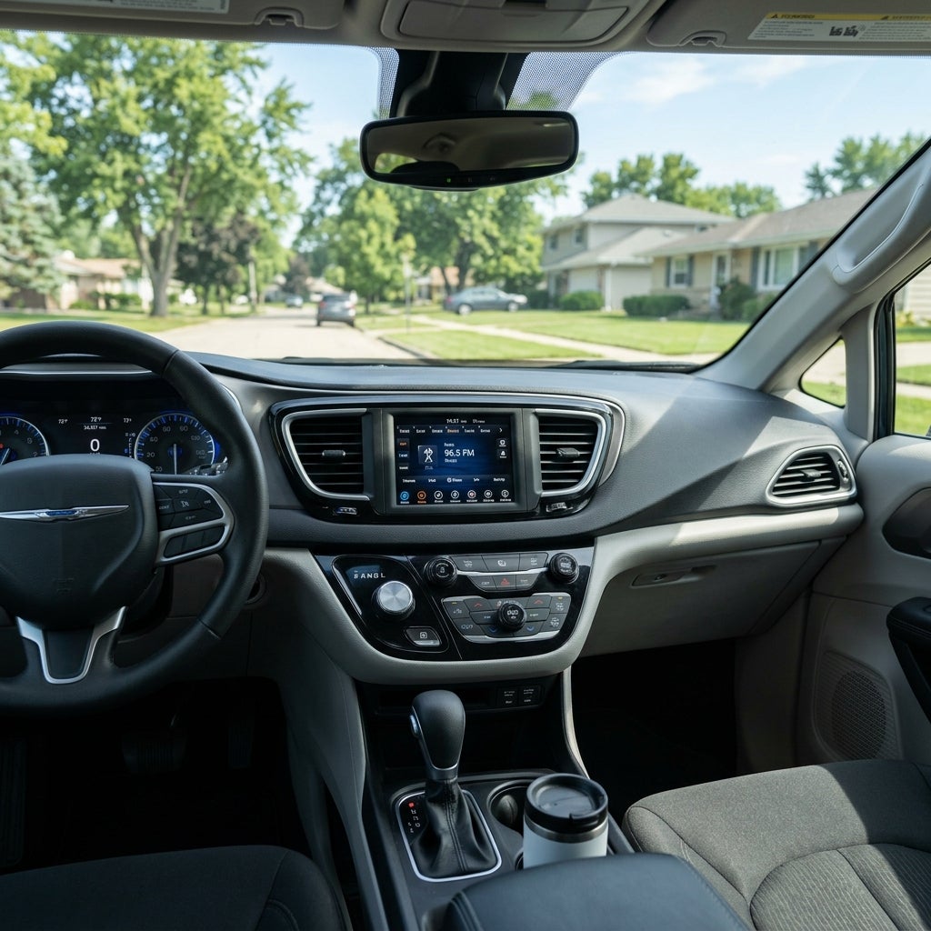 View from the driver's seat inside a car looking out at a sunny suburban neighborhood street. (Representative image for illustration purposes only. Actual vehicle may vary based on trim and configuration.)