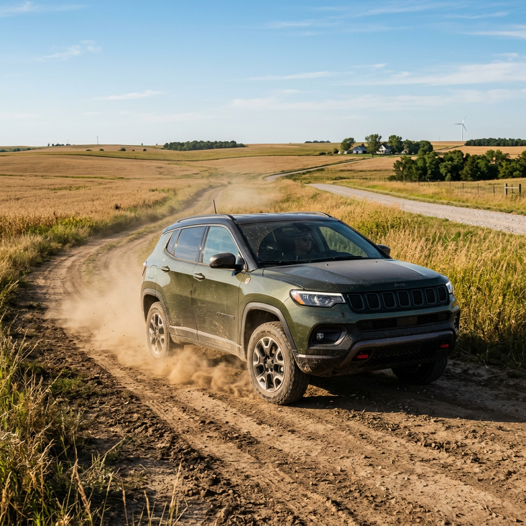 Green Jeep Compass driving on a dusty dirt road through golden rural hills. (Representative image for illustration purposes only. Actual vehicle may vary based on trim and configuration.)