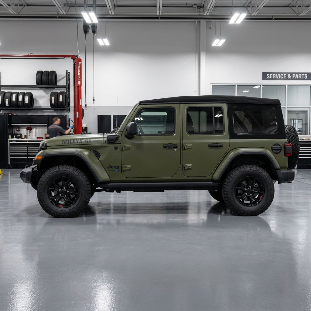 Side profile of an olive green Jeep Wrangler Willys 41 parked inside a service bay. (Representative image for illustration purposes only. Actual vehicle may vary based on trim and configuration.)