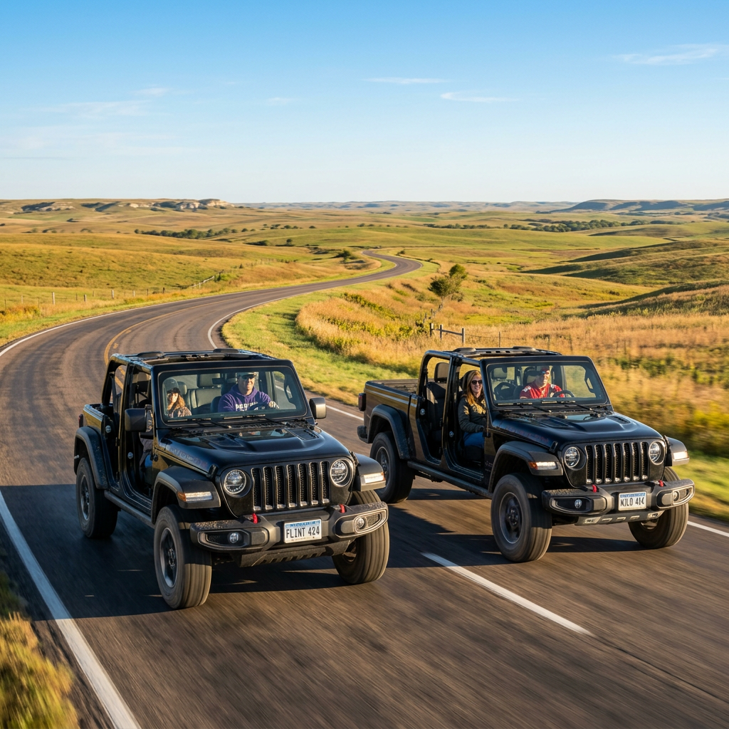 Two black Jeep Wranglers driving side-by-side on a winding country road through rolling green hills under a blue sky. (Representative image for illustration purposes only. Actual vehicle may vary based on trim and configuration.)