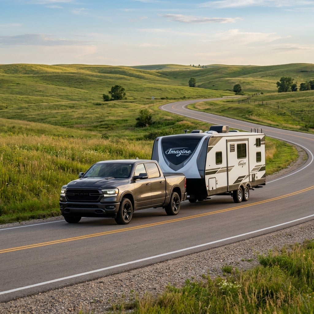Grey pickup truck towing a white Imagine travel trailer along a winding road through rolling green hills. (Representative image for illustration purposes only. Actual vehicle may vary based on trim and configuration.)