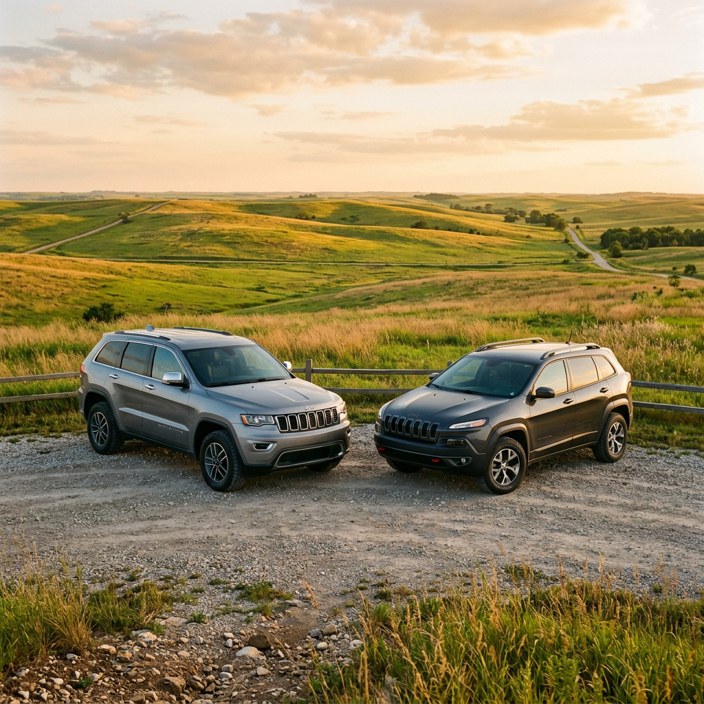 Silver and dark grey Jeep SUVs parked on a gravel path overlooking rolling green hills during a scenic sunset. (Representative image for illustration purposes only. Actual vehicle may vary based on trim and configuration.)