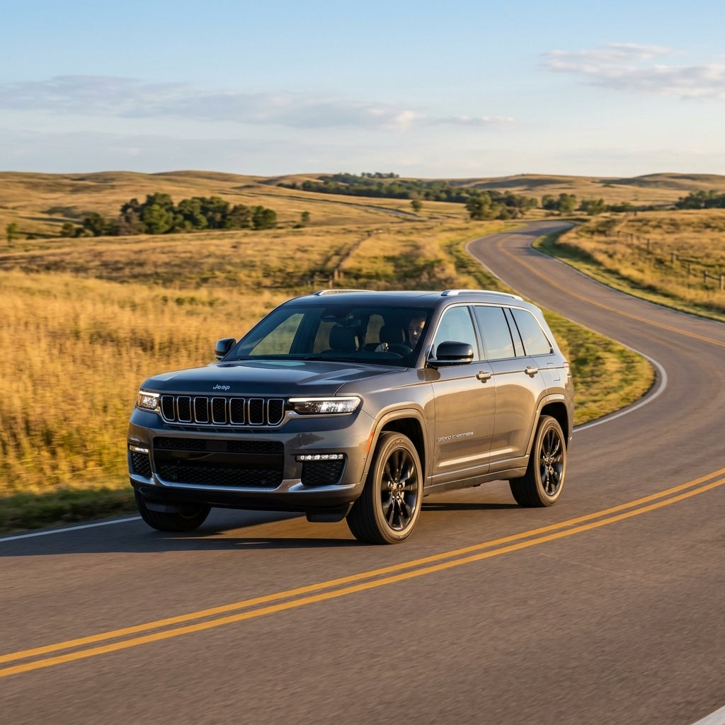 A dark grey Jeep Grand Cherokee driving on a winding country road through rolling golden hills. (Representative image for illustration purposes only. Actual vehicle may vary based on trim and configuration.)