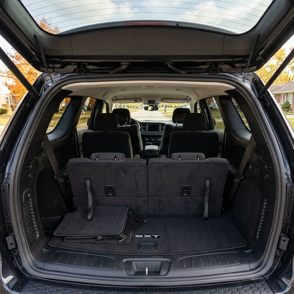 Interior view through the open rear tailgate into the spacious cargo area of a Dodge Durango SXT SUV. (Representative image for illustration purposes only. Actual vehicle may vary based on trim and configuration.)