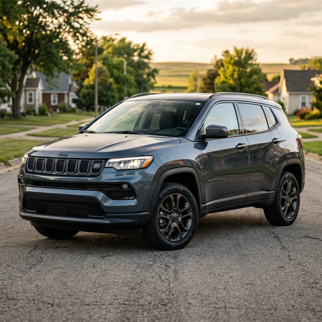 Dark gray Jeep Compass SUV parked on a residential street during golden hour. (Representative image for illustration purposes only. Actual vehicle may vary based on trim and configuration.)
