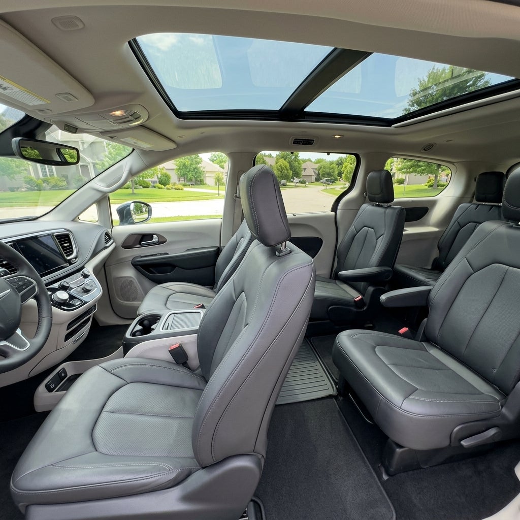 Interior view of a minivan featuring dark leather seats, a dashboard console, and a large panoramic sunroof. (Representative image for illustration purposes only. Actual vehicle may vary based on trim and configuration.)