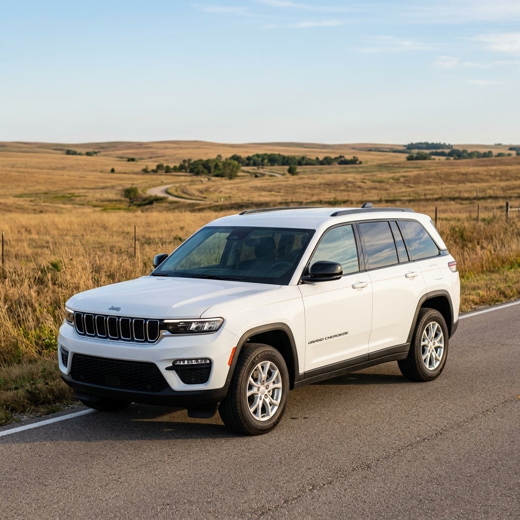 White Jeep Grand Cherokee parked along the side of a paved road with rolling grassy hills in the background. (Representative image for illustration purposes only. Actual vehicle may vary based on trim and configuration.)