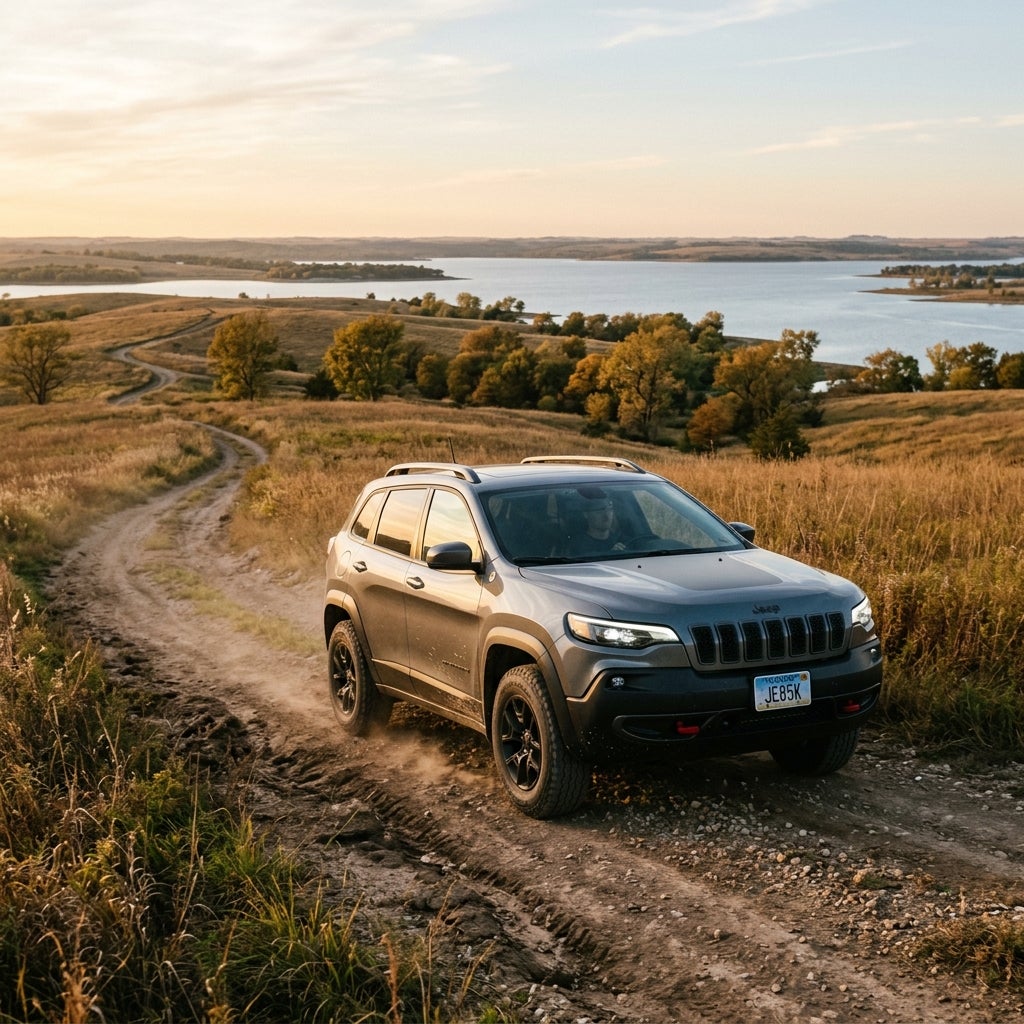 A grey Jeep Cherokee drives along a dirt road through grassy rolling hills near a lake at golden hour. (Representative image for illustration purposes only. Actual vehicle may vary based on trim and configuration.)