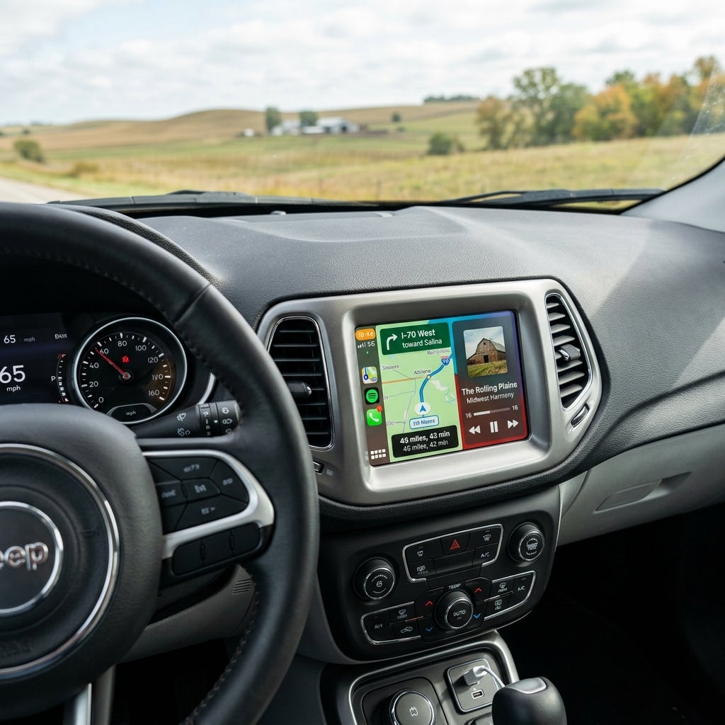 Dashboard view of a Jeep with GPS navigation on the center screen driving past a countryside landscape. (Representative image for illustration purposes only. Actual vehicle may vary based on trim and configuration.)