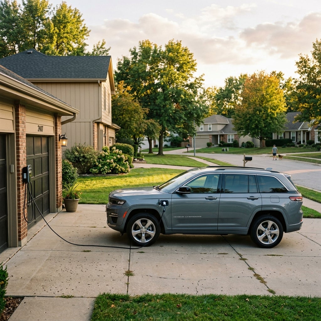 Grey SUV plugged into a home wall charger in a residential driveway during late afternoon. (Representative image for illustration purposes only. Actual vehicle may vary based on trim and configuration.)
