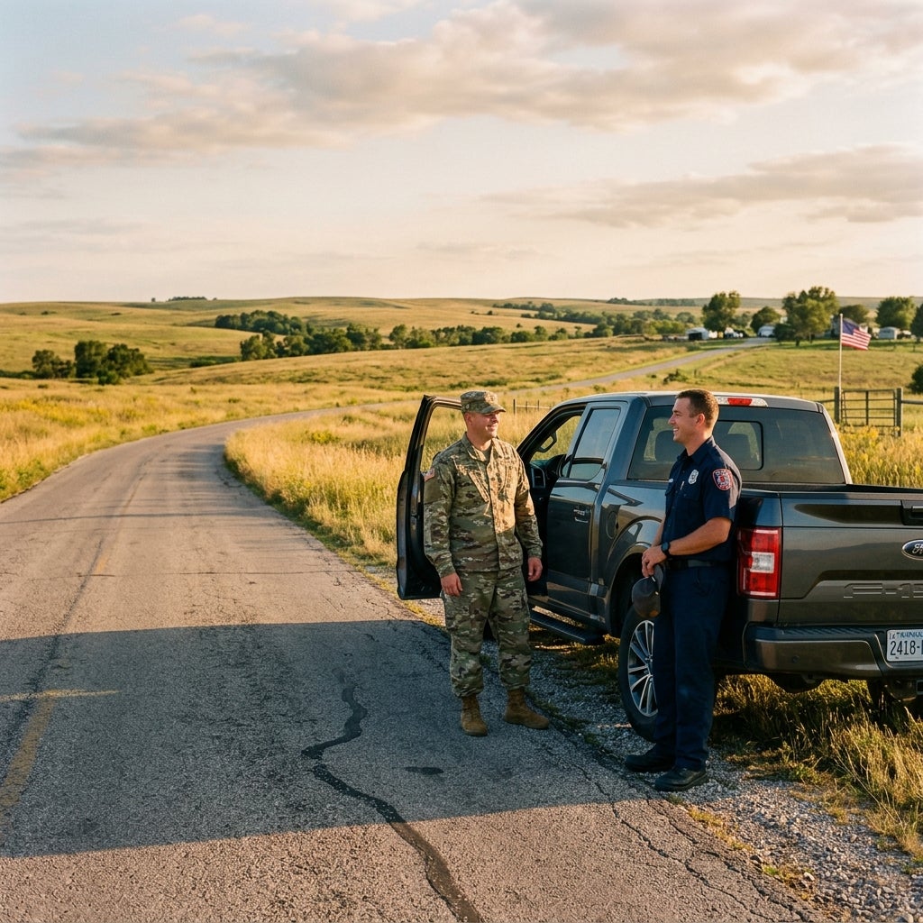 A soldier in uniform and a firefighter standing and talking by a pickup truck on a scenic rural road. (Representative image for illustration purposes only. Actual vehicle may vary based on trim and configuration.)