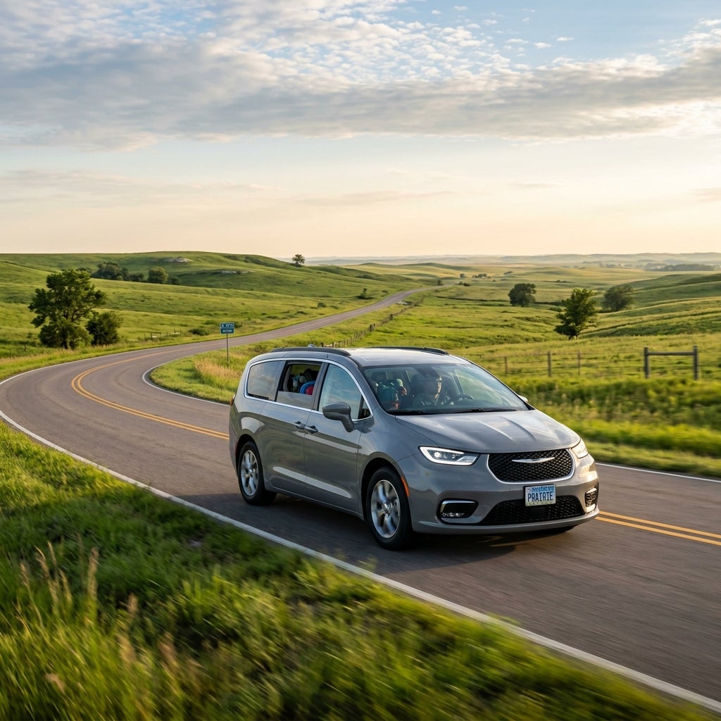 A grey Chrysler Pacifica minivan driving along a winding road through rolling green prairie hills. (Representative image for illustration purposes only. Actual vehicle may vary based on trim and configuration.)