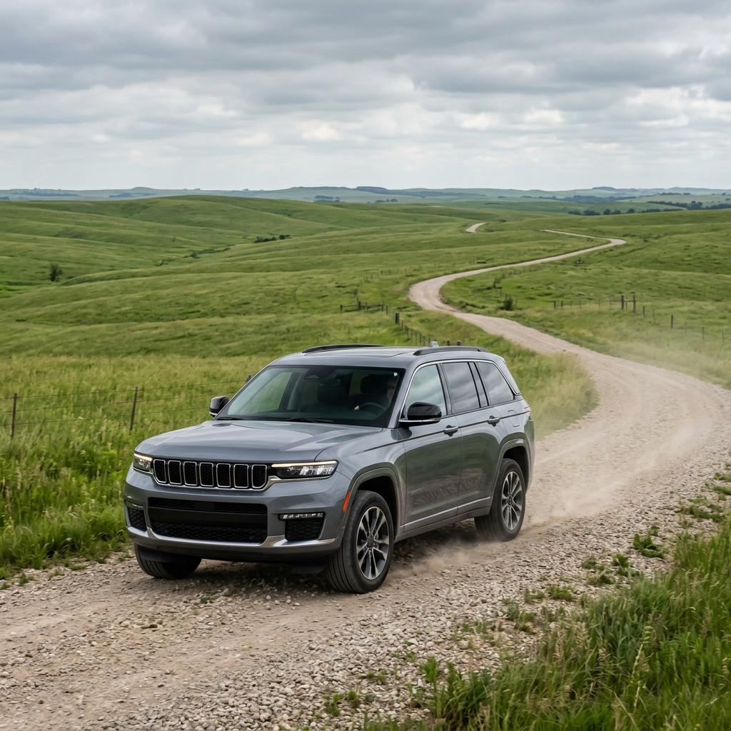 A grey Jeep SUV driving on a winding dirt road through rolling green hills under a cloudy sky. (Representative image for illustration purposes only. Actual vehicle may vary based on trim and configuration.)