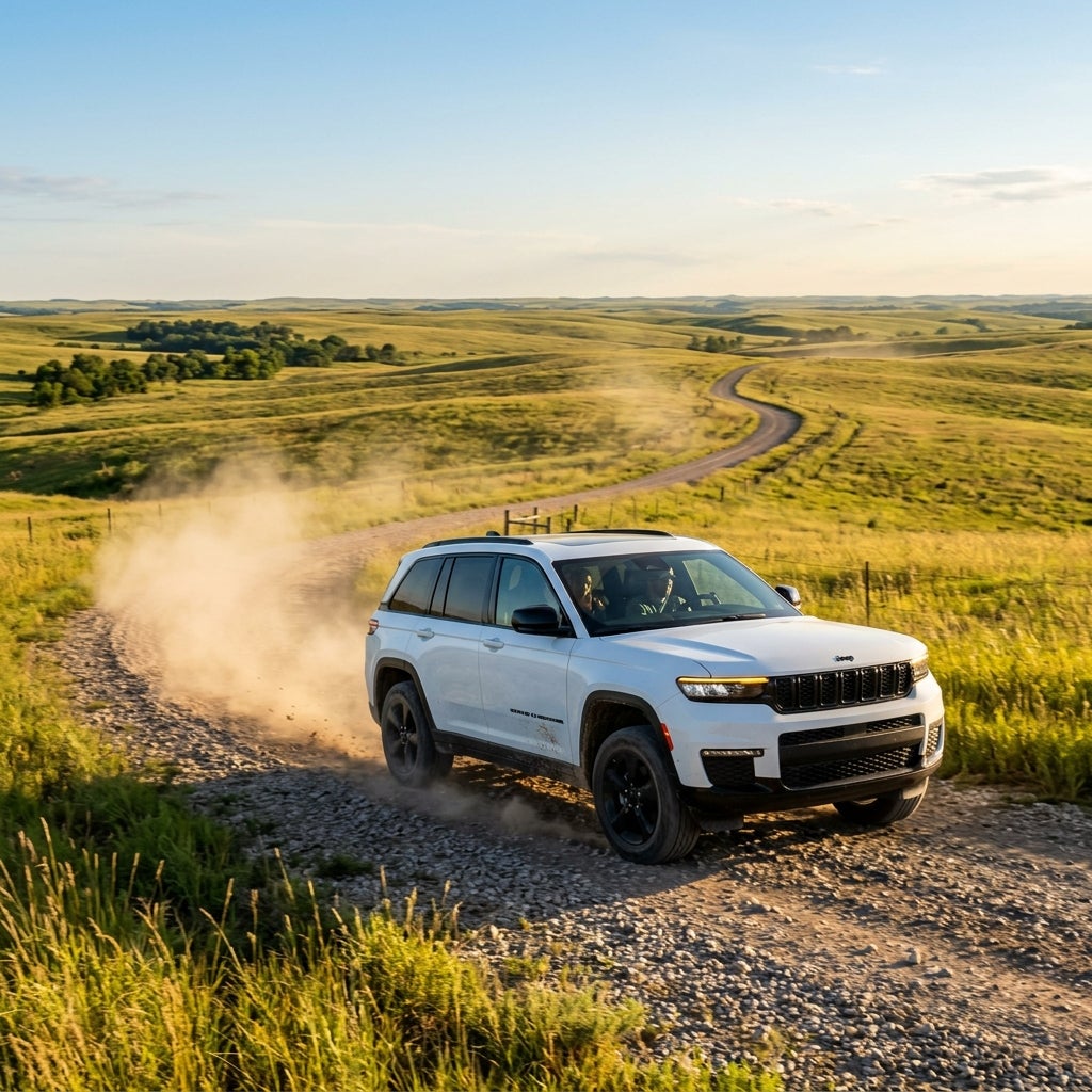 White Jeep Grand Cherokee driving on a gravel road through rolling green hills, kicking up dust behind it. (Representative image for illustration purposes only. Actual vehicle may vary based on trim and configuration.)