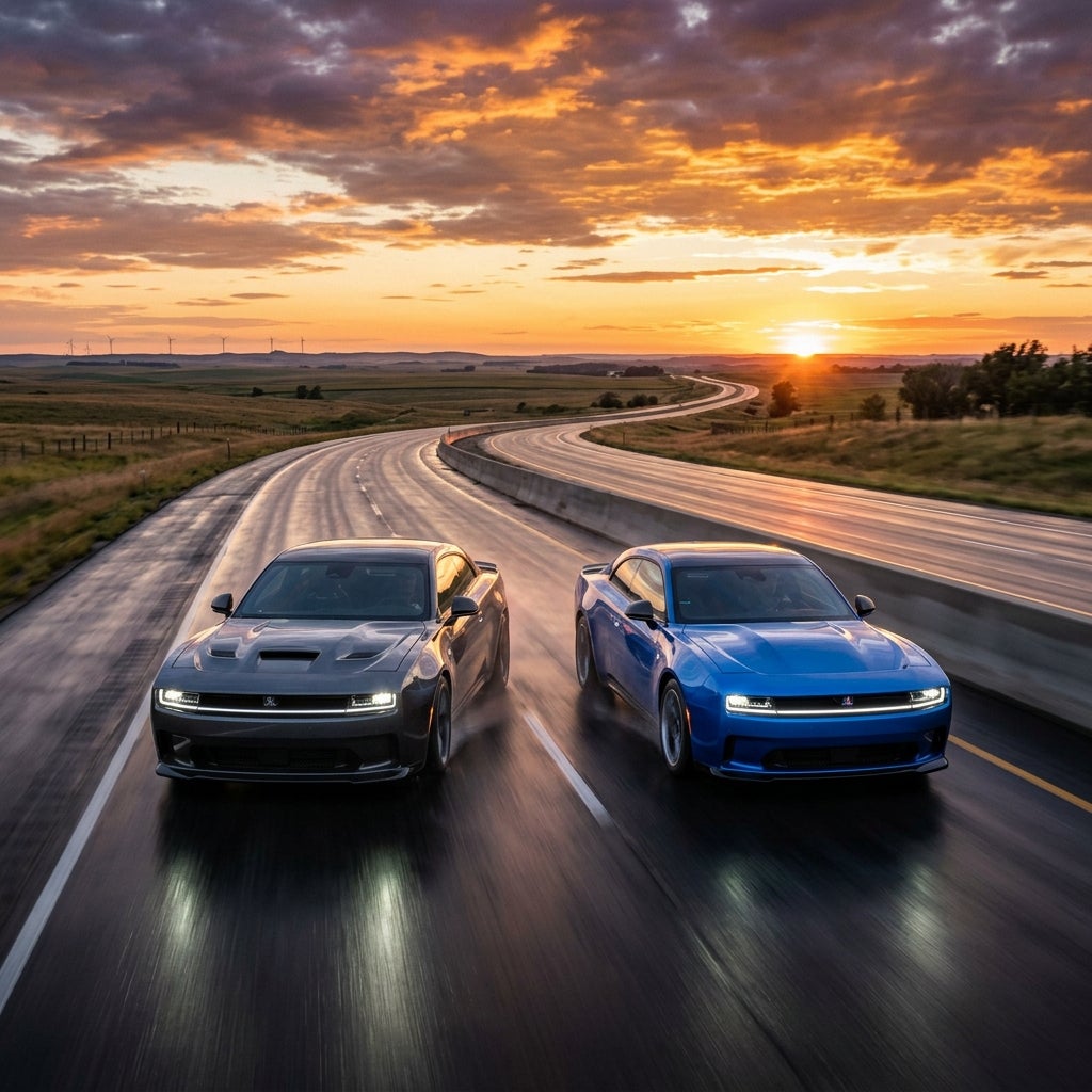 Two modern muscle cars, one gray and one blue, drive side-by-side on a wet highway during a dramatic golden sunset. (Representative image for illustration purposes only. Actual vehicle may vary based on trim and configuration.)