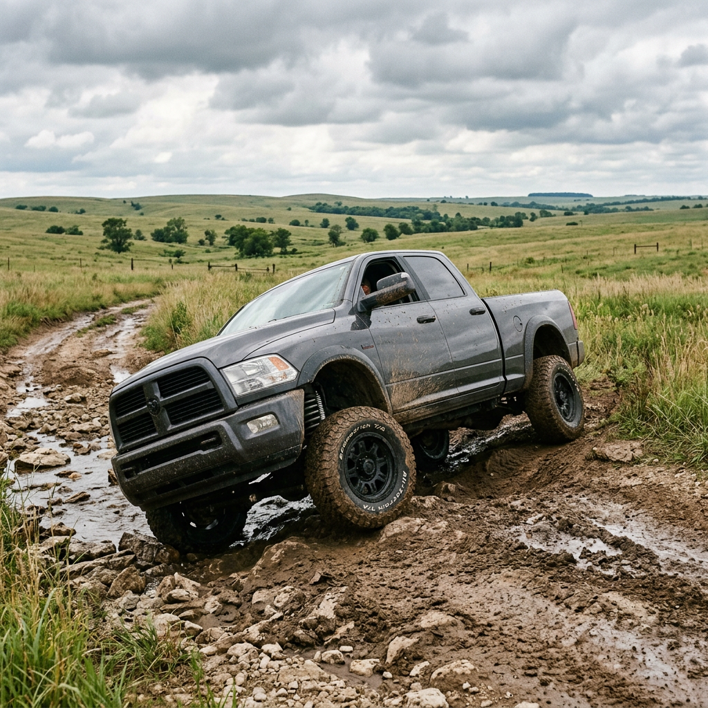 A dark gray lifted pickup truck navigating a muddy, rocky trail through a grassy field. (Representative image for illustration purposes only. Actual vehicle may vary based on trim and configuration.)