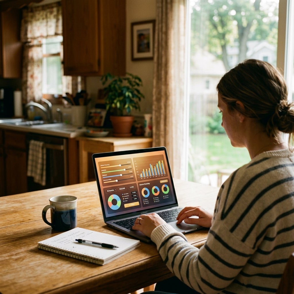 Woman working on a laptop displaying data analytics charts at a wooden table near a window. (Representative image for illustration purposes only. Actual vehicle may vary based on trim and configuration.)